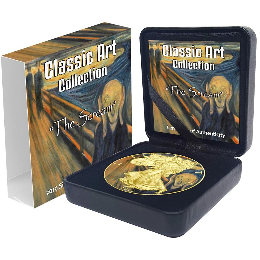 USA EDVARD MUNCH - THE SCREAM - CLASSIC ART American Silver Eagle 2019 Walking Liberty $1 Silver coin Gold plated 1 oz